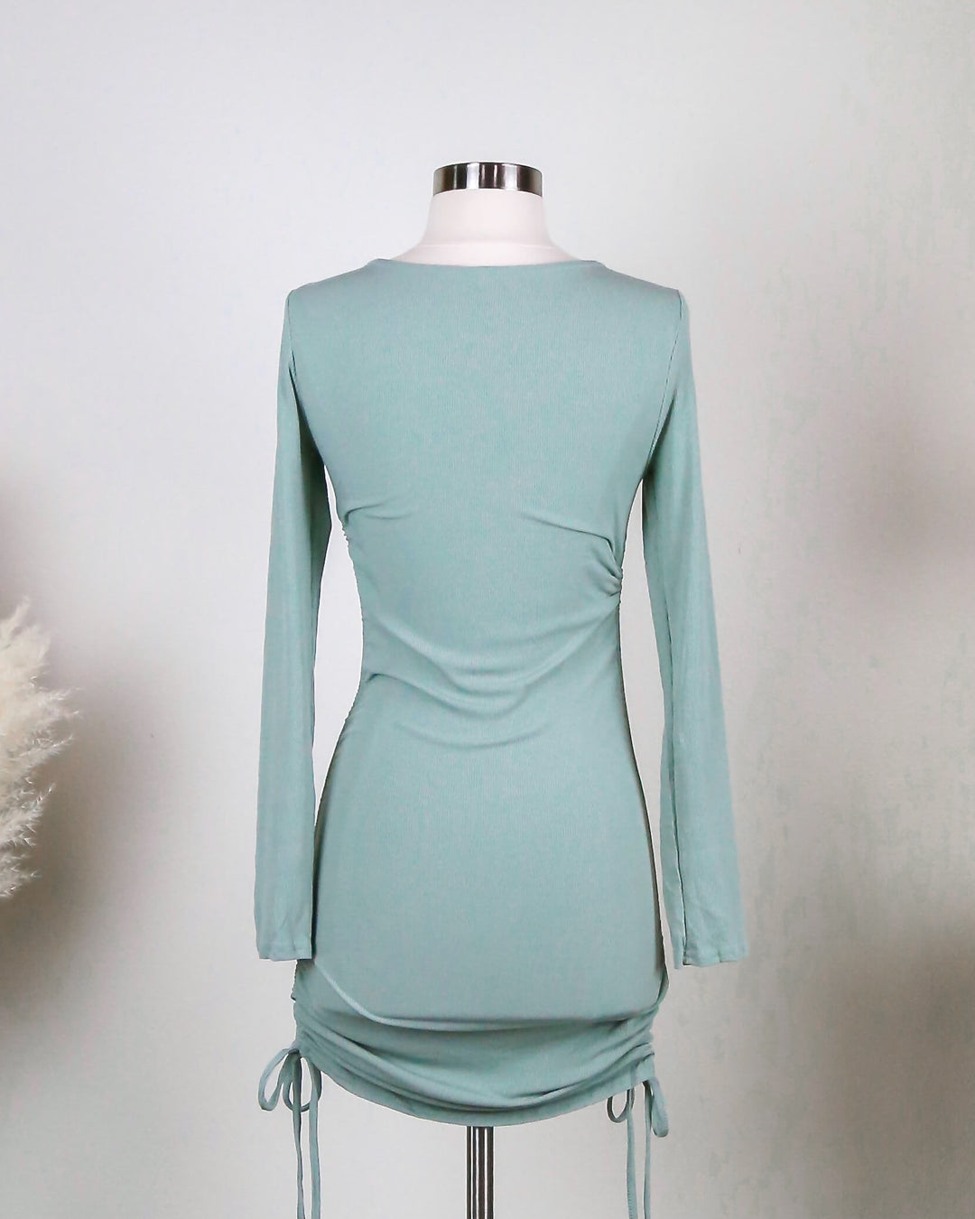 Ruched Long Sleeve Ribbed Dress in Sage