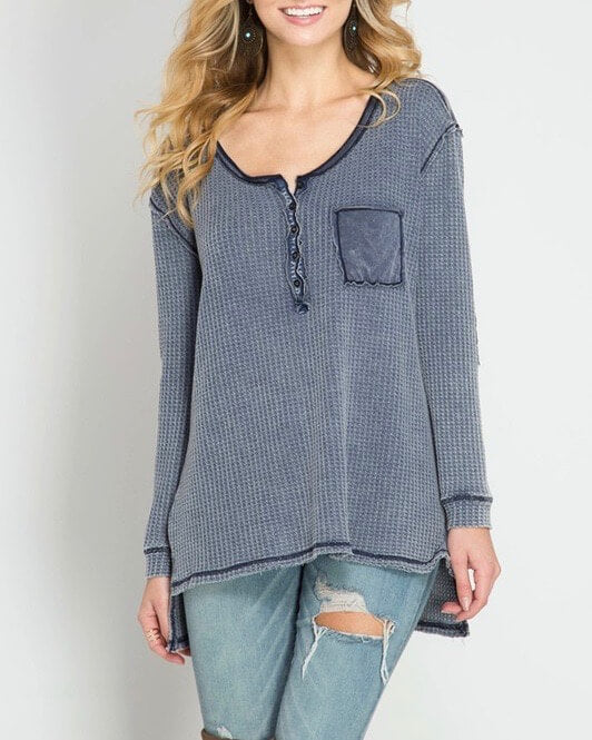 Long Sleeve Stone Washed Thermal Top in Navy