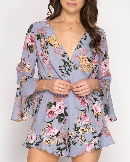 Final Sale - Flare Sleeve Floral Print Romper in Misty Blue