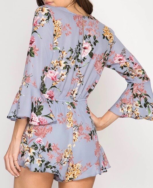 Final Sale - Flare Sleeve Floral Print Romper in Misty Blue