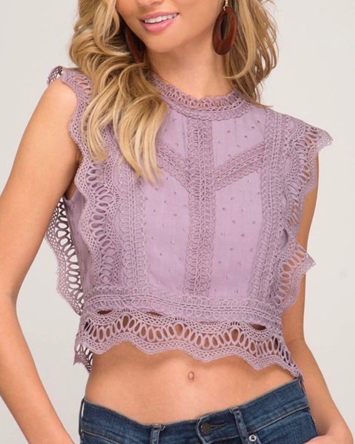 It's You Polka Dot Woven Crop Top in Misty Lilac