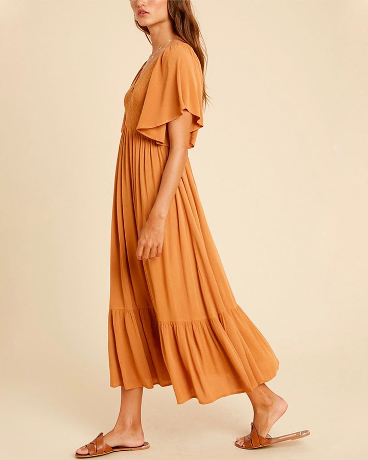 Freya Flutter Sleeve Smocked Midi Dress in Orange