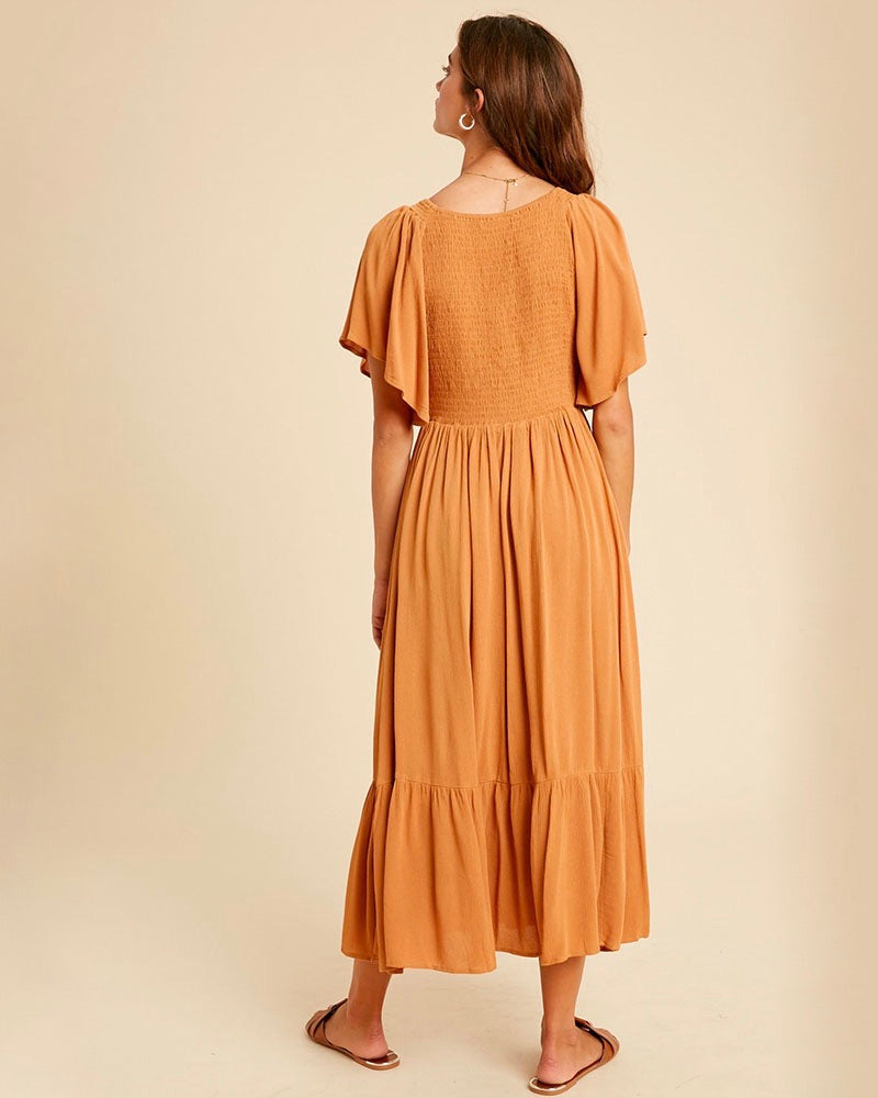 Freya Flutter Sleeve Smocked Midi Dress in Orange