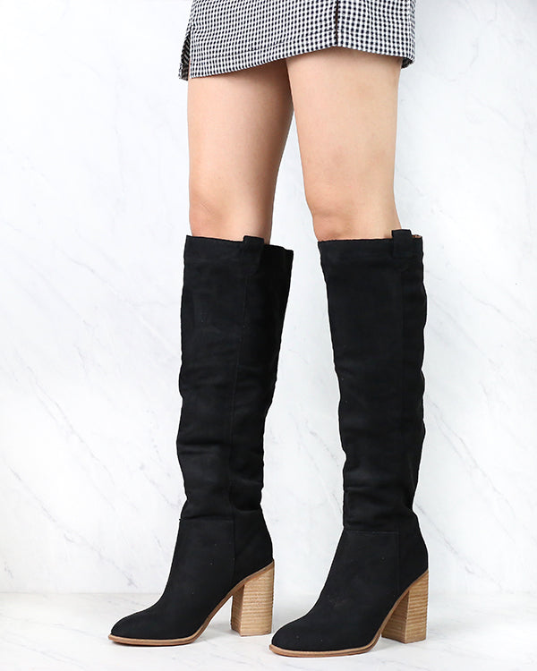 Saint Slouch Box Cut Knee High Suede Block Heel Boot