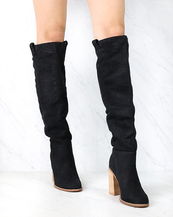 Saint Slouch Box Cut Knee High Suede Block Heel Boot