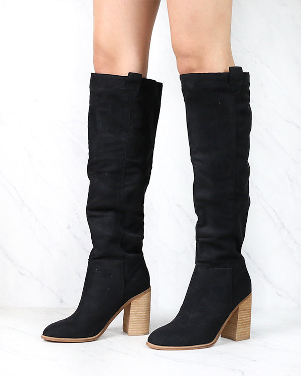 Saint Slouch Box Cut Knee High Suede Block Heel Boot