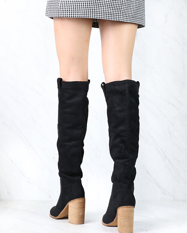 Saint Slouch Box Cut Knee High Suede Block Heel Boot