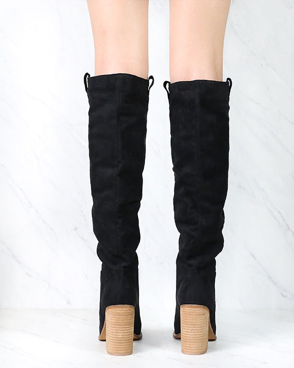 Saint Slouch Box Cut Knee High Suede Block Heel Boot