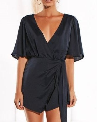 Satin Sheen Charmeus Flutter Sleeve Open Back Side Tie Romper in More Colors