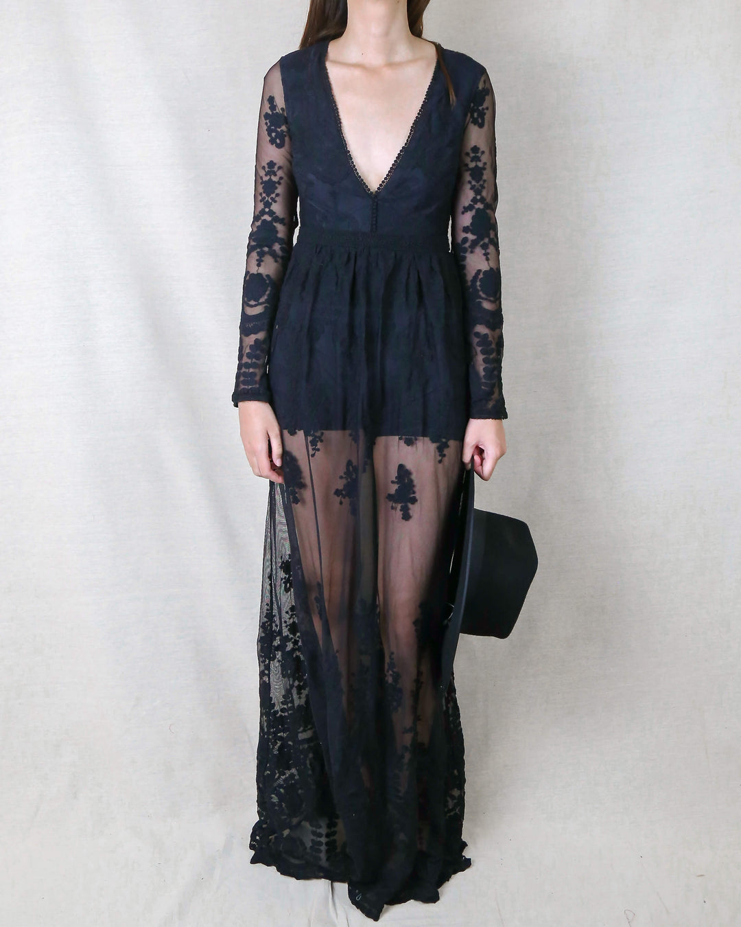 maxi romper - dress - embroidered - lace - v neck - long sleeve - black