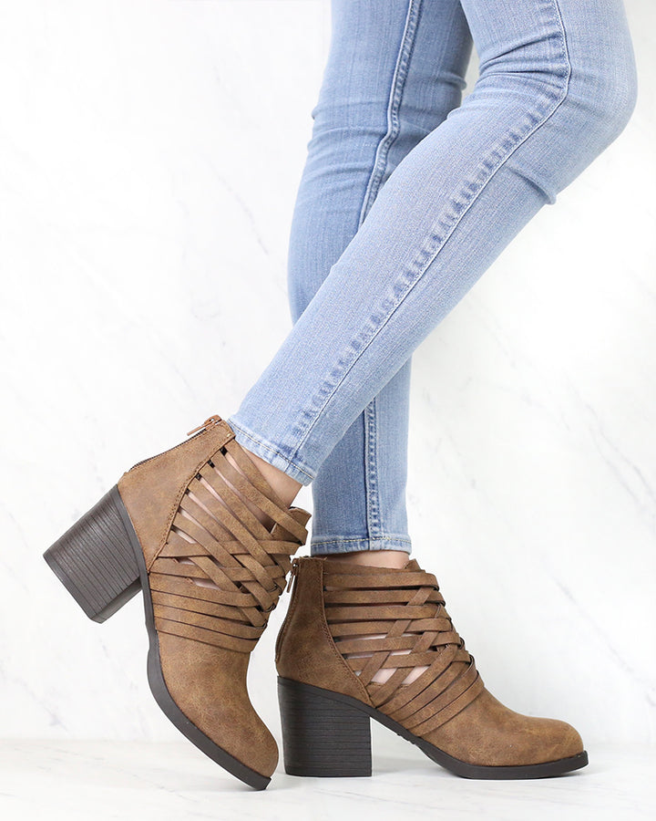 Strappy Woven Vamp Chunky Heel Bootie in Camel