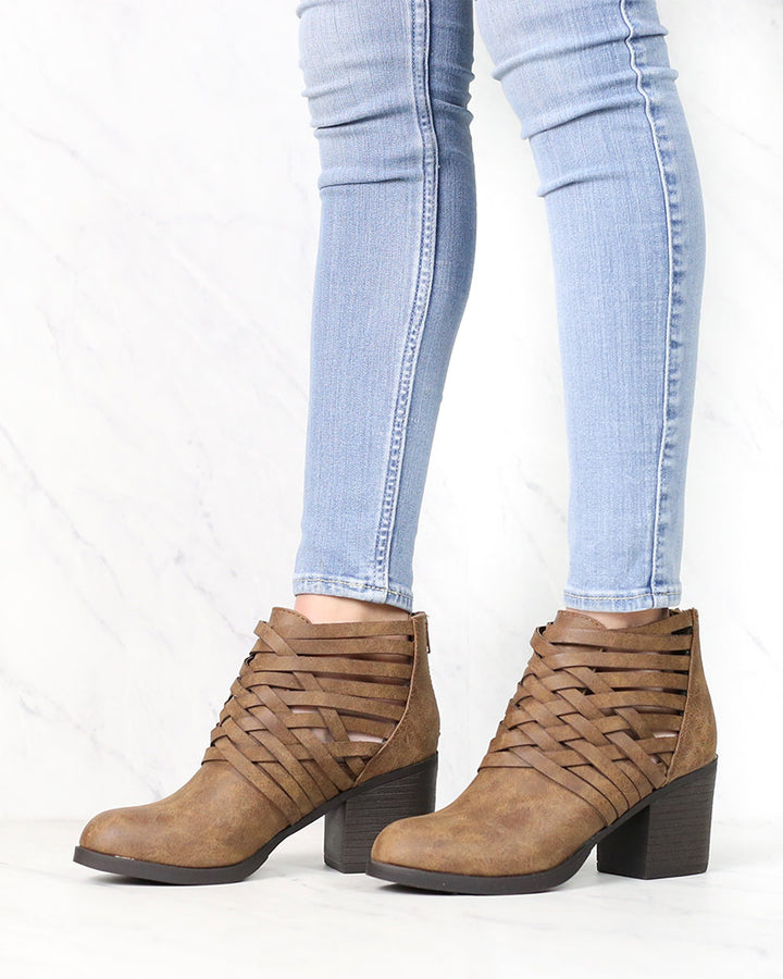 Strappy Woven Vamp Chunky Heel Bootie in Camel