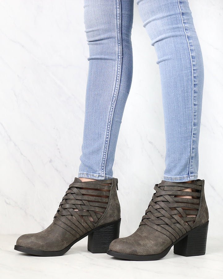 Strappy Woven Vamp Chunky Heel Bootie in Grey