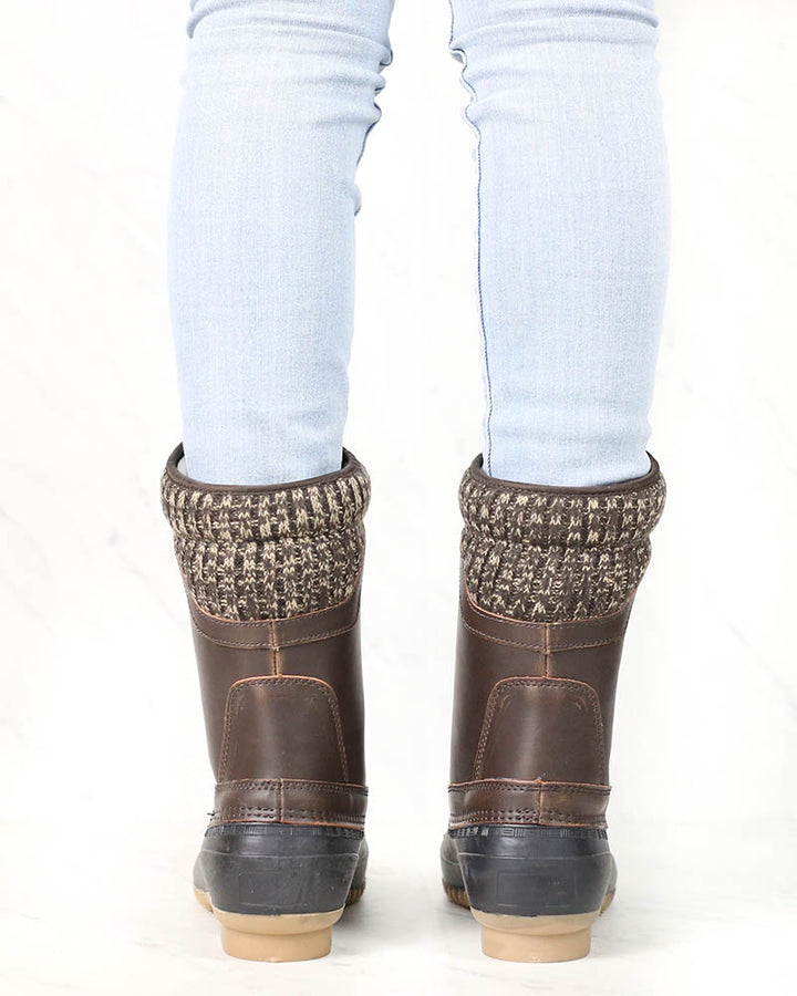 Sweater Cuff Lace-Up Mid Calf Boots - Brown