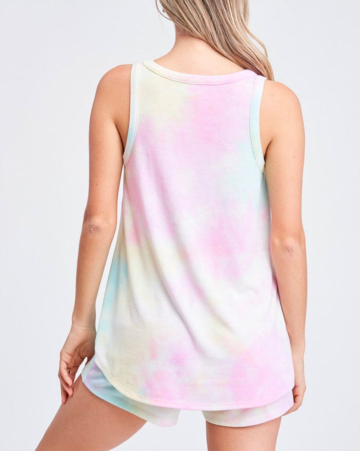 Tie Dye Sleeveless Tank Lounge Set in Pink/Light Mint