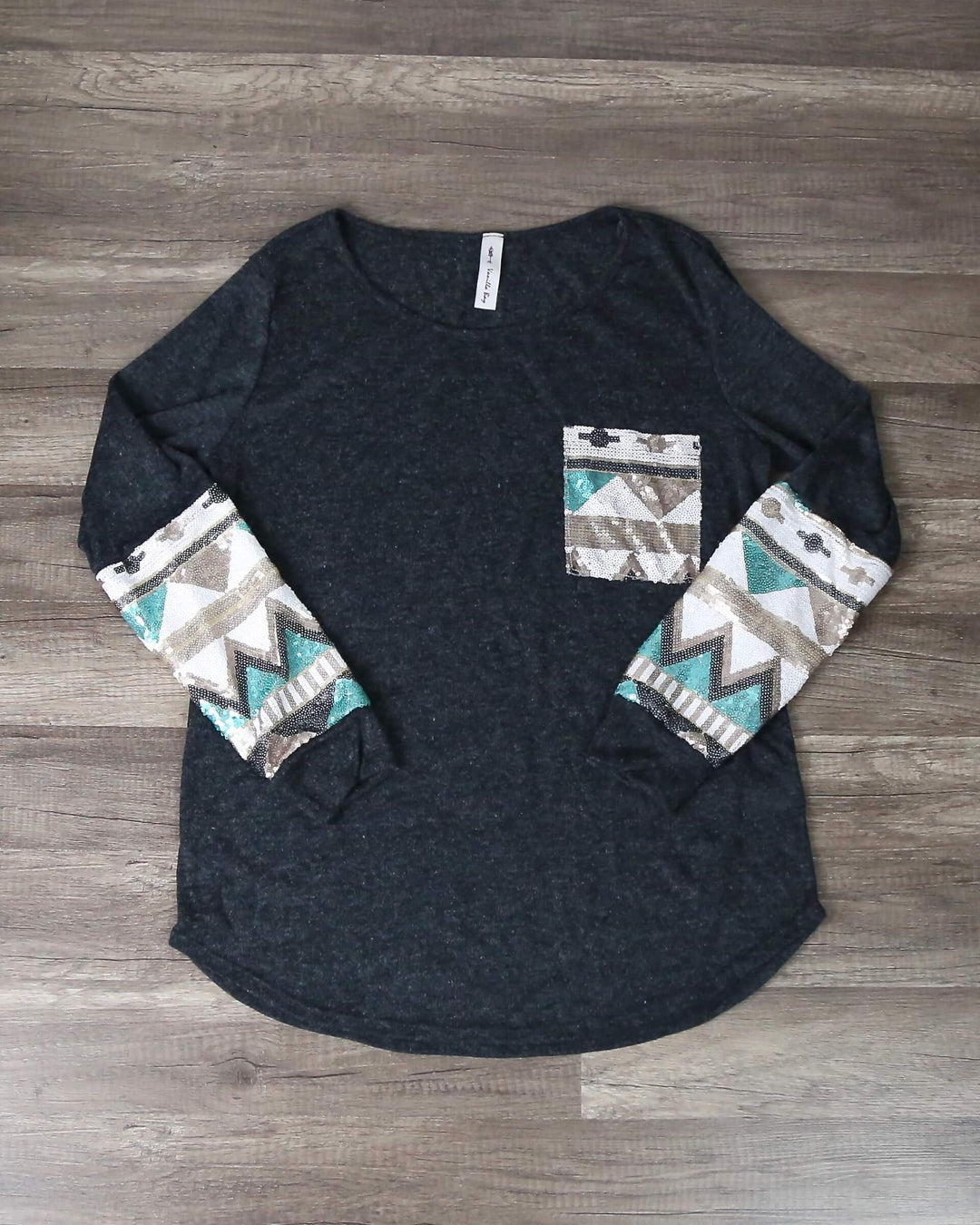 Final Sale - Chevron Aztec Sequin Sleeves & Pocket Lightweight Long Sleeve Shirt In 2 Colors