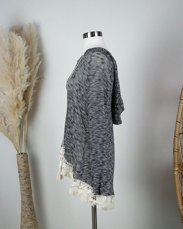 Two Tone Lightweight Boho Pull Over Sweater Tunic Hoodie with Lace Hem in Grey