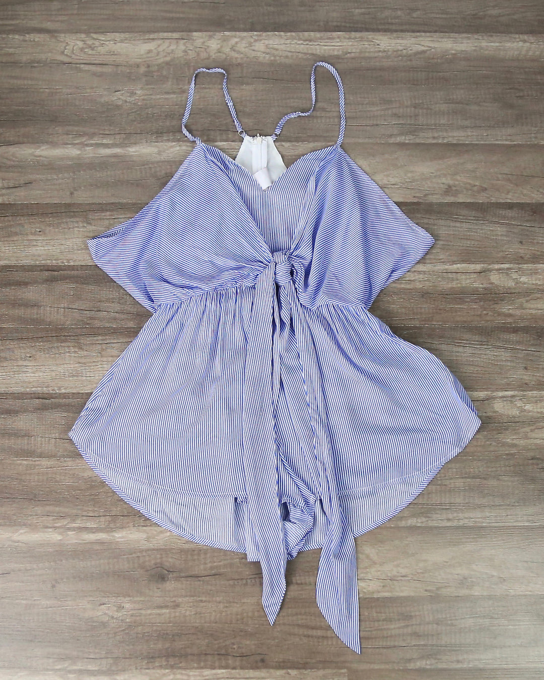 Love Affair Tie Front Stripe Romper in Blue