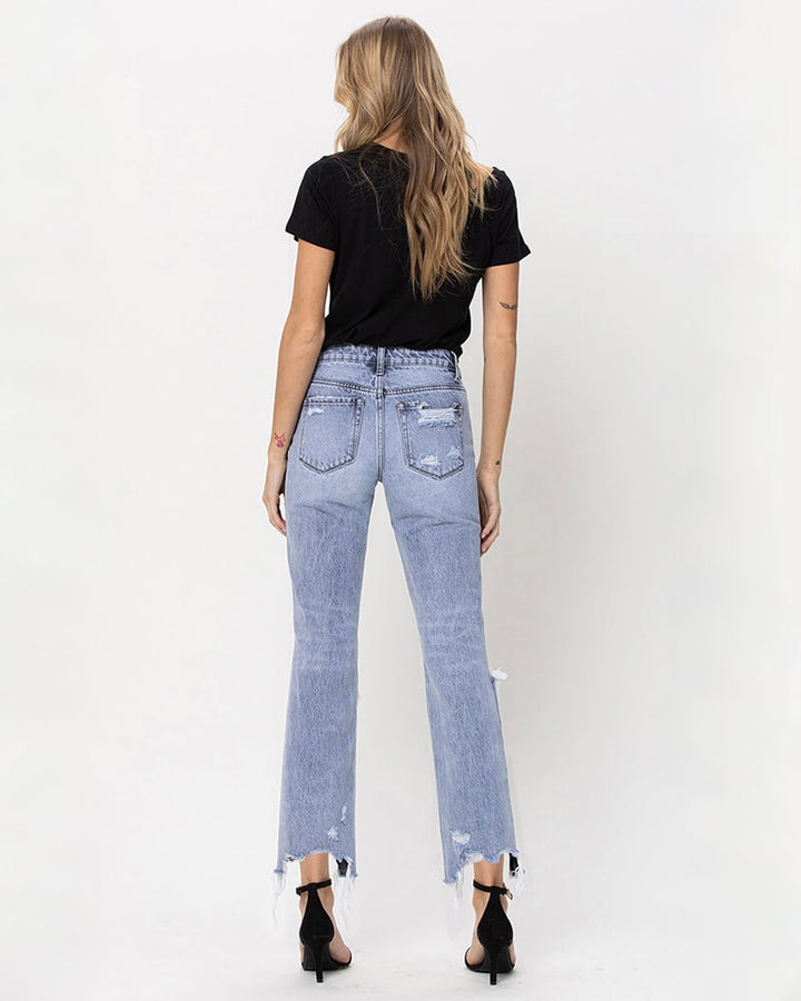 VERVET 90's Vintage Distressed Straight Leg Cropped Hem Denim Jeans - Blue Melody