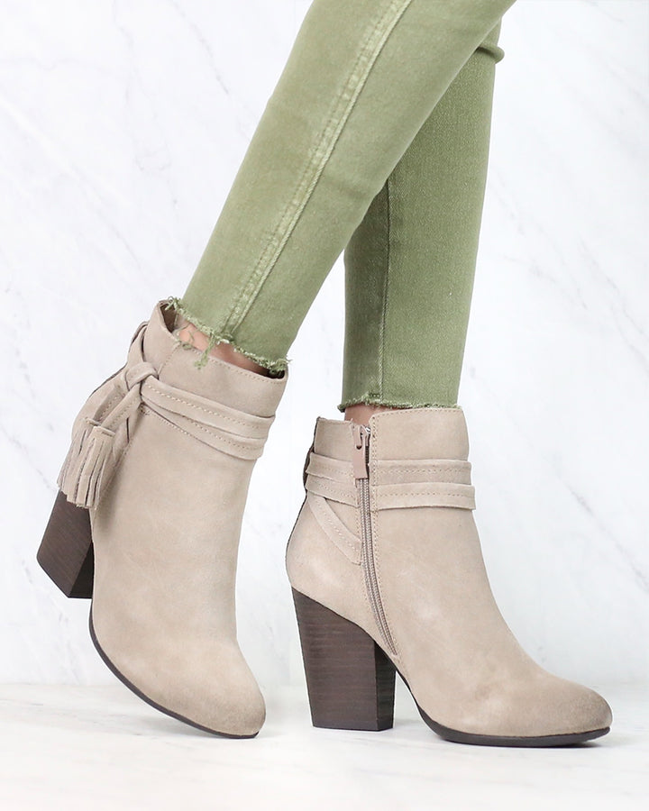 Very Volatile - Enchanted Tassel Detail Suede Leather Ankle Booties in Taupe