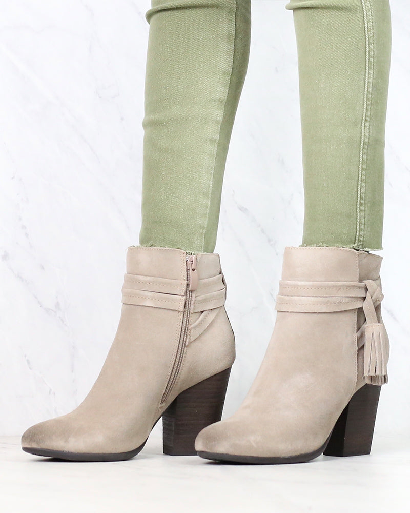 Very Volatile - Enchanted Tassel Detail Suede Leather Ankle Booties in Taupe