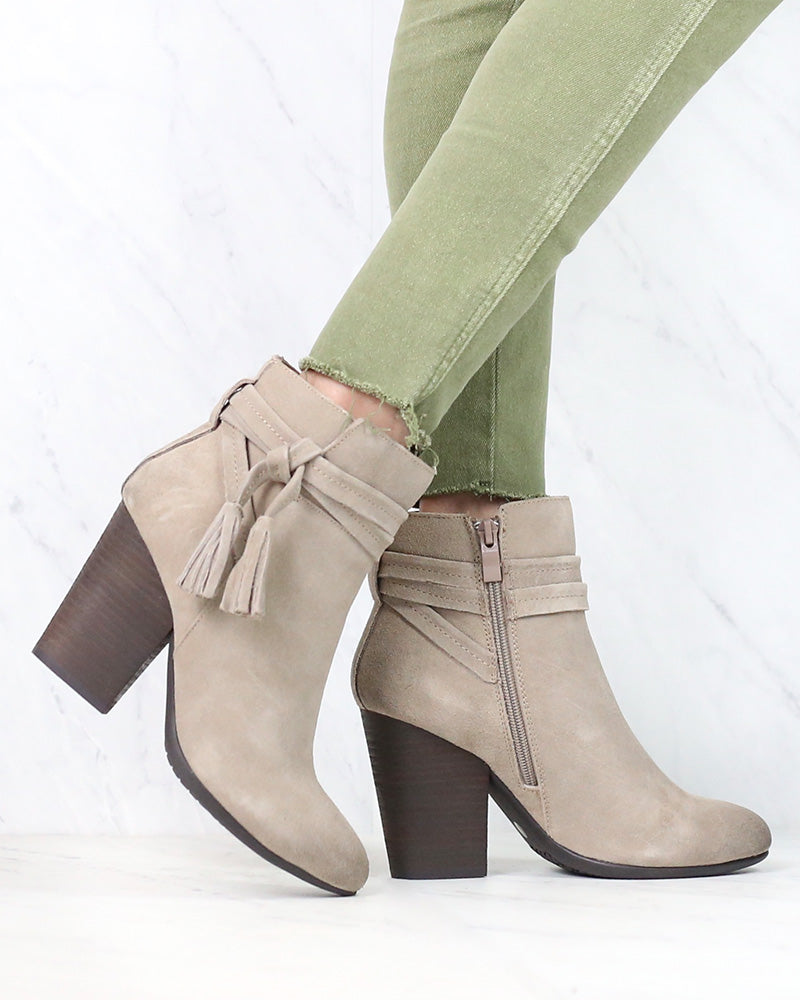 Very Volatile - Enchanted Tassel Detail Suede Leather Ankle Booties in Taupe