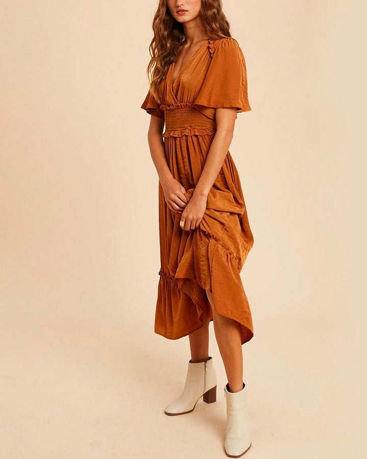 Whitney Washed Satin Ruffled Smocked Bodice Midi Dress in Dusty Camel