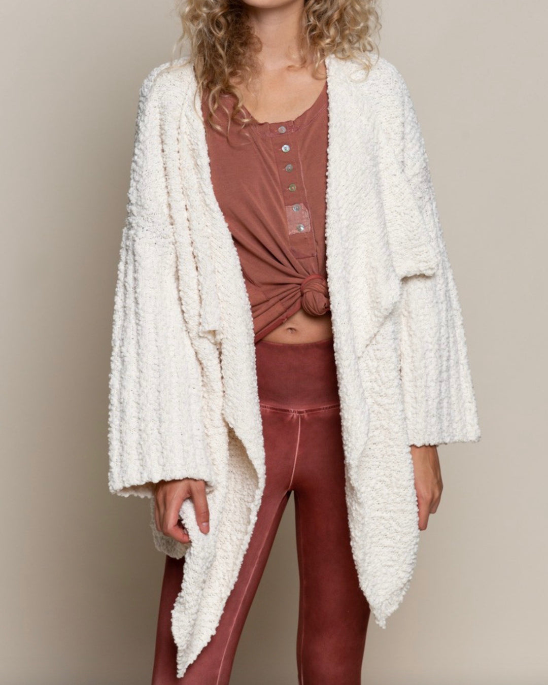 Open Front Waterfall Popcorn Cardigan Sweater in Pearled Ivory