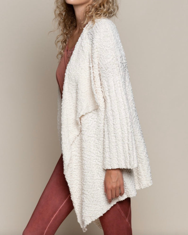 Open Front Waterfall Popcorn Cardigan Sweater in Pearled Ivory