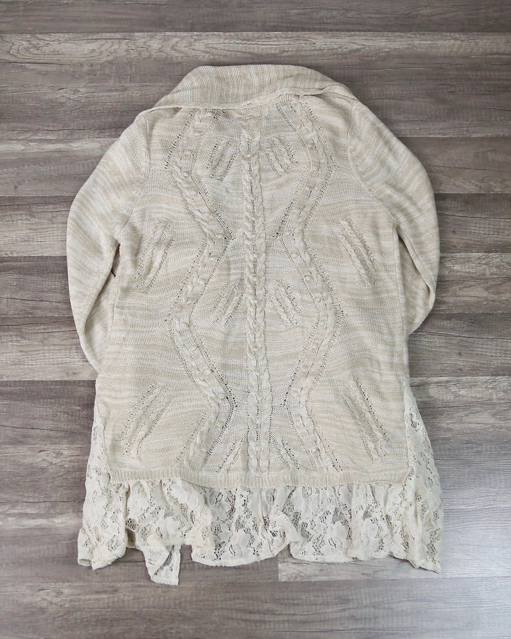 Women's Open Front Lightweight Knit Cardigan with Lace Hem in Beige