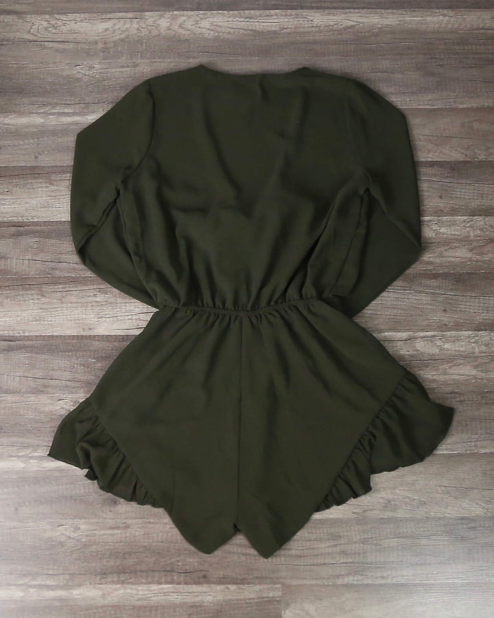 Lioness - Green With Envy Ruffle Hem Romper in Khaki Green