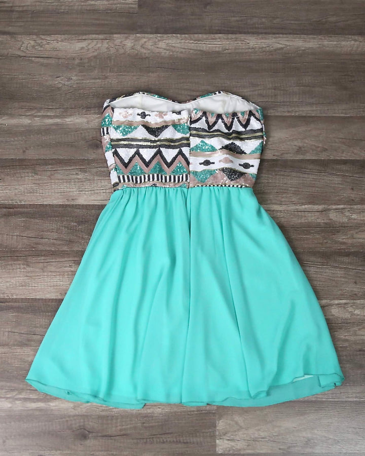 Aztec Sequin Strapless Sweetheart Dress in Turquoise