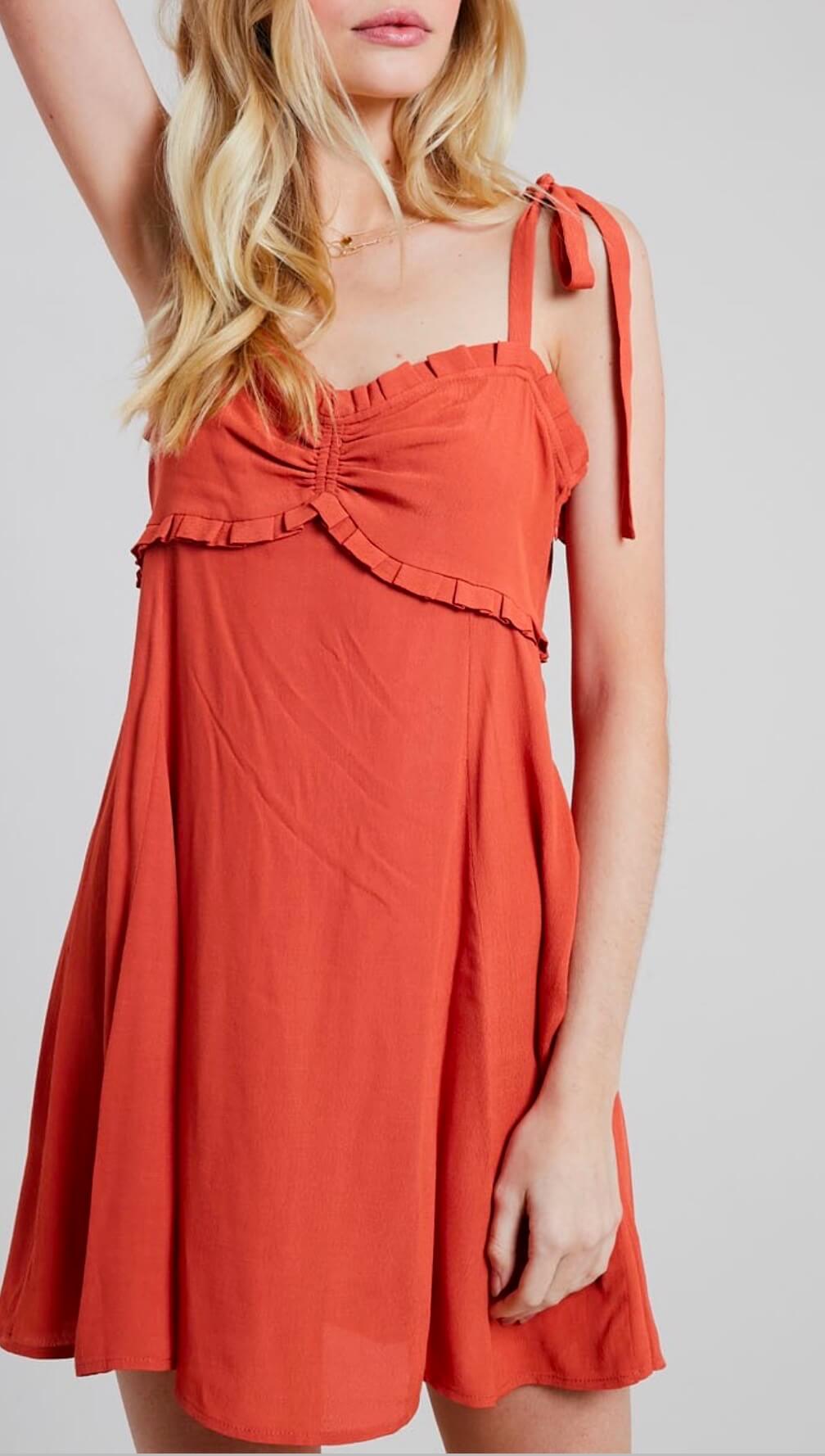 Take Your Time Ruffled Sweetheart Dress In Brick