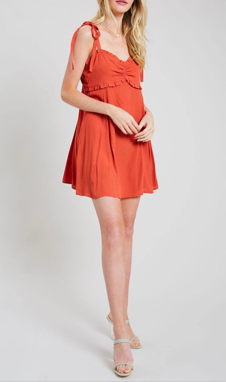 Take Your Time Ruffled Sweetheart Dress In Brick