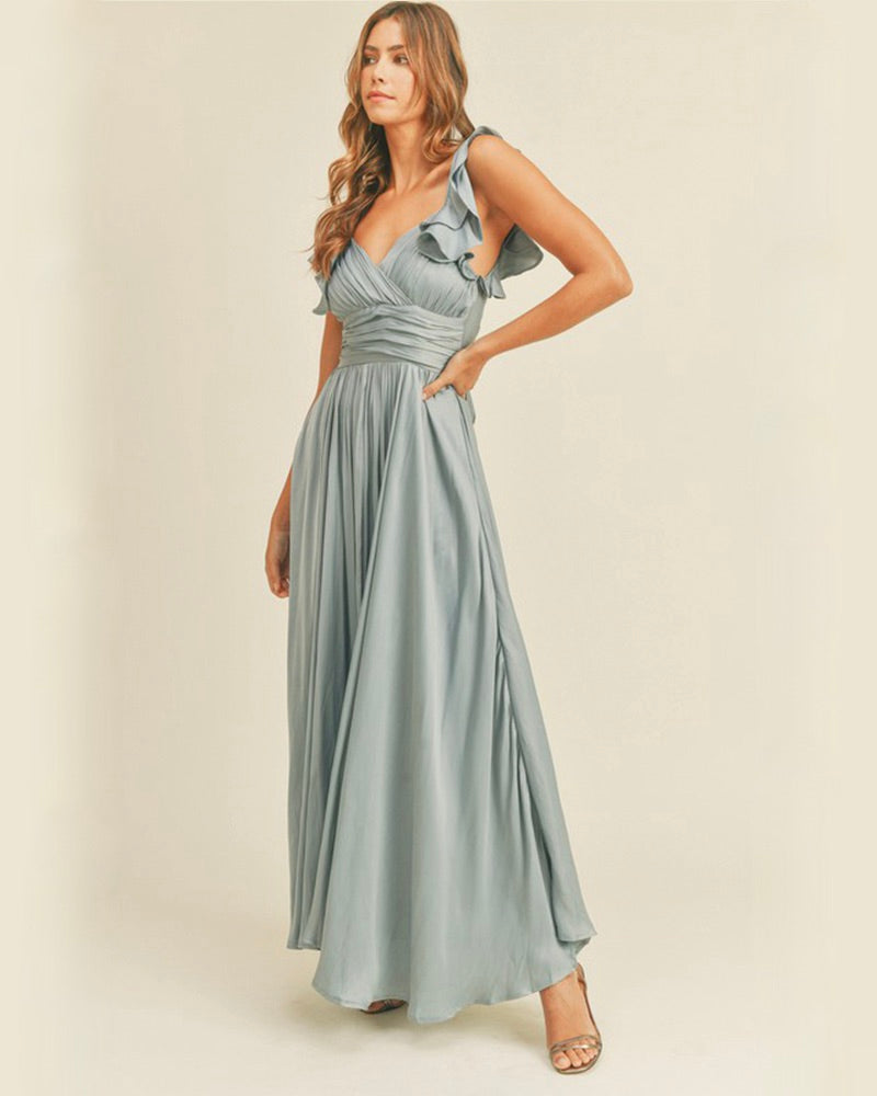 Wedding Guest Dress Satin Maxi Dress in Dusty Blue