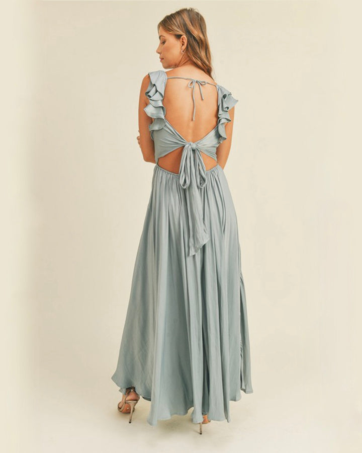 Wedding Guest Dress Satin Maxi Dress in Dusty Blue