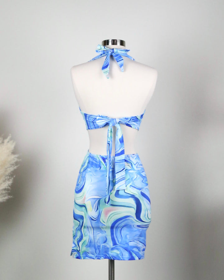 Y2K Marble Halter Mid Cutout Dress in Blue