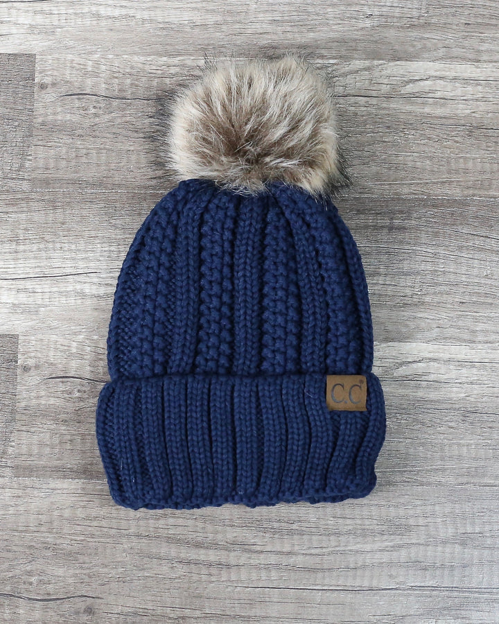 Knitted Two Tone C.C. Beanies With Pom Pom And Fuzzy Lining - More Colors