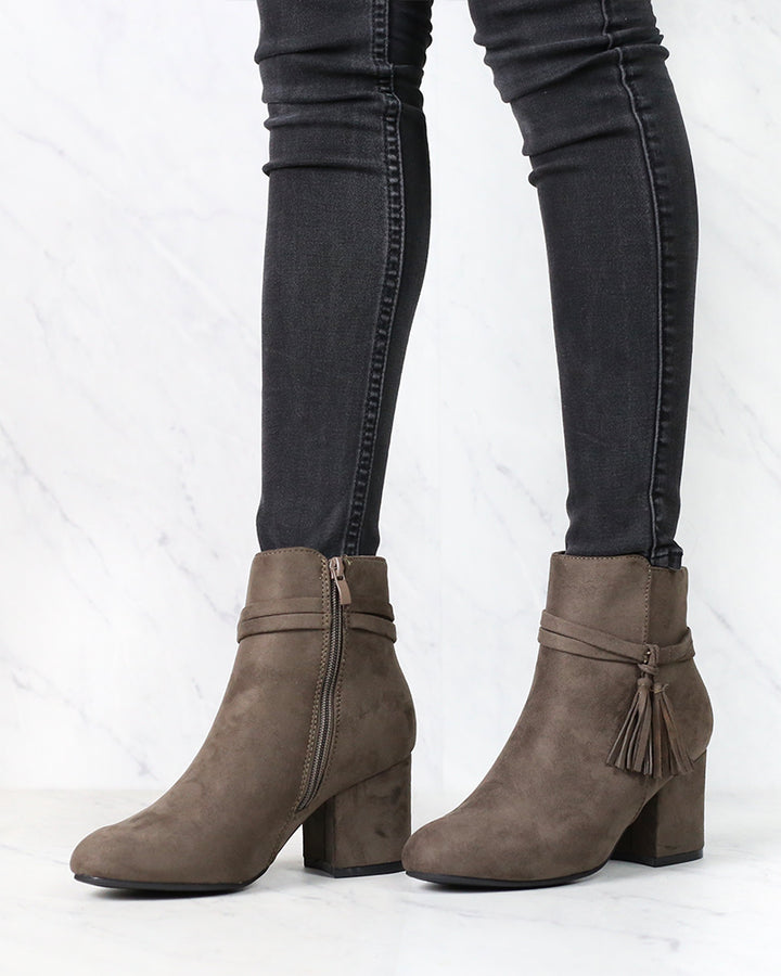 Zira Faux Suede Ankle Booties with Tassel in Mocha