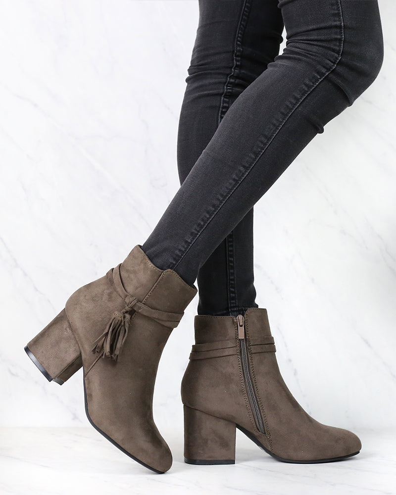 Zira Faux Suede Ankle Booties with Tassel in Mocha