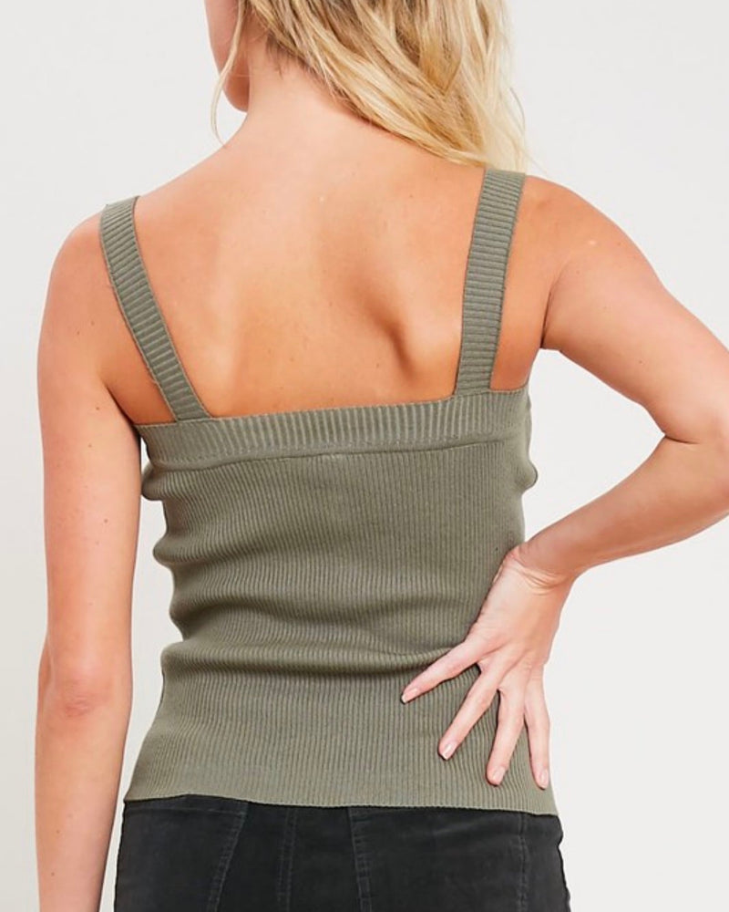 Basic Knit Button Front Square Neck Tank in Olive – Shop Hearts