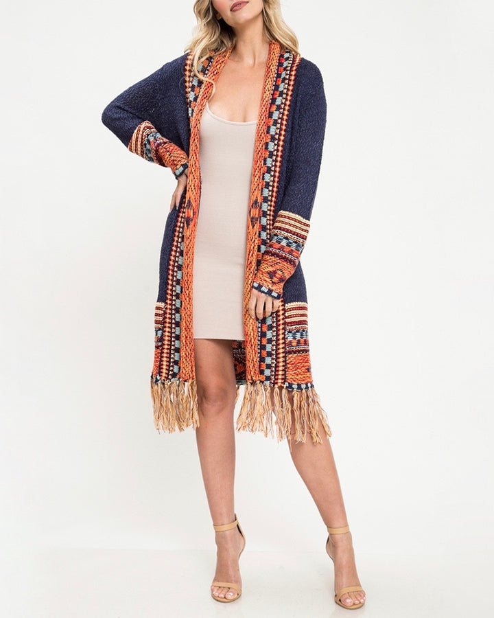 Open Front Fringe Cardigan in Navy