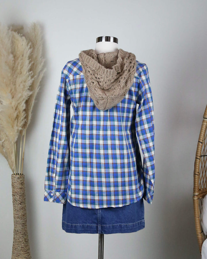 lovestitch Boyfriend Plaid Shirt with Knit Hood in Blue